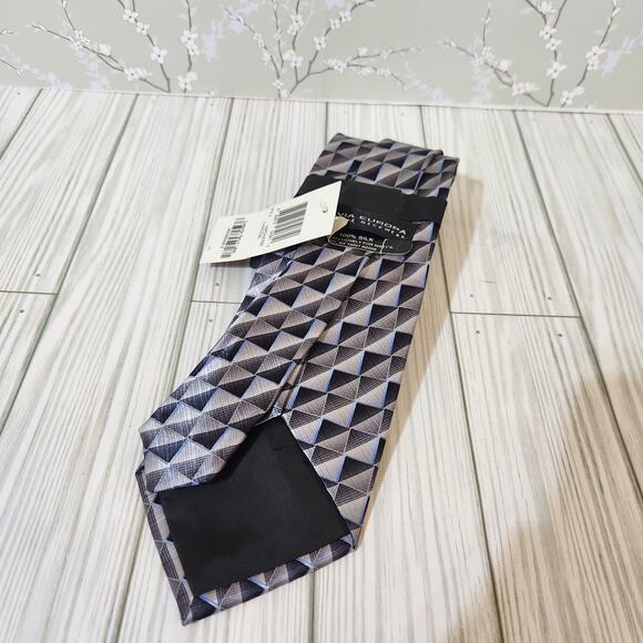 NWT Via Europa Black Gray Geometric check 100% Silk Classic Men's Tie - Picture 7 of 7